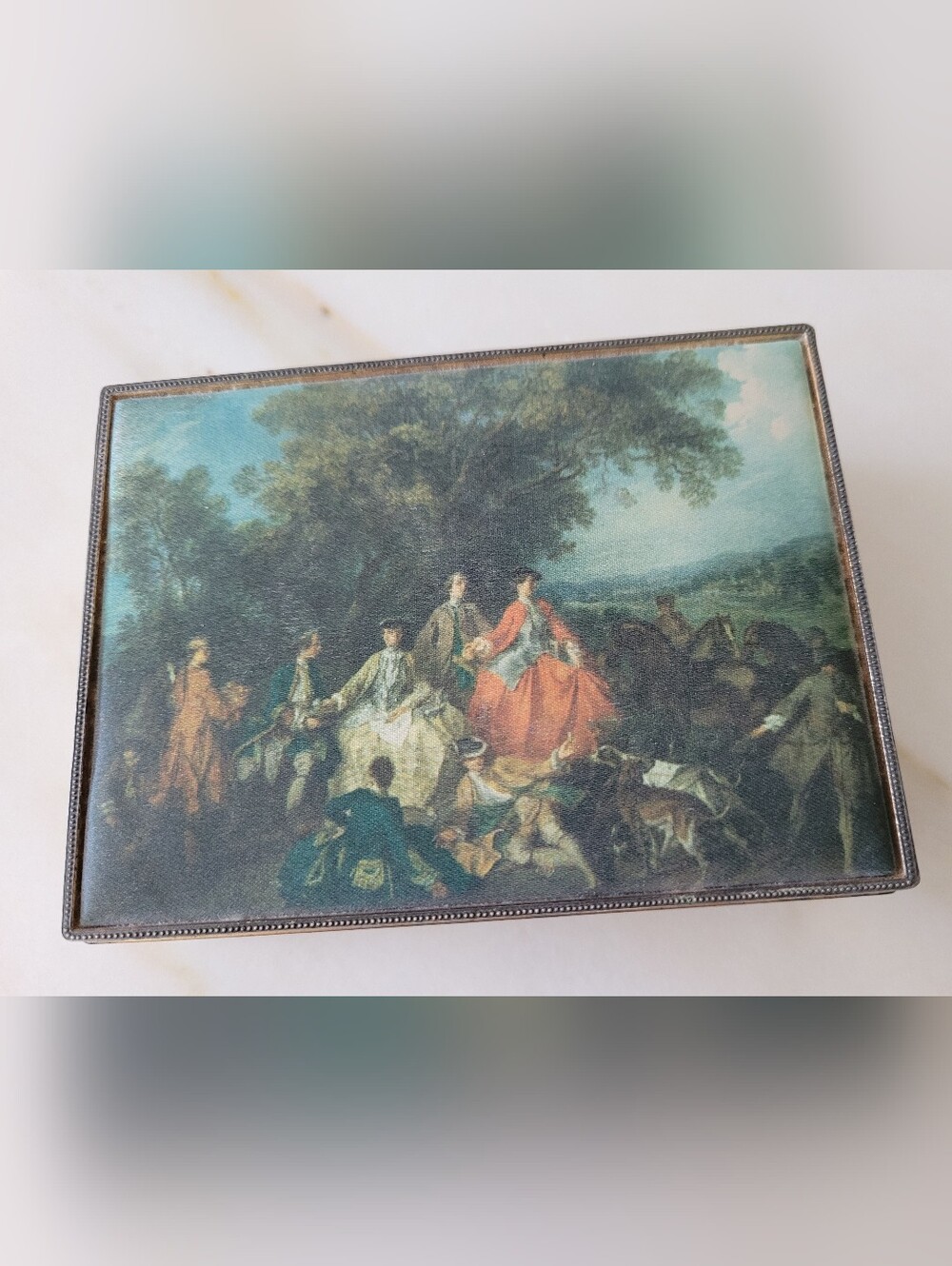 Shmid Brothers Ornate Gold Music Box "The Picnic After The Hunt" Nicolas Lancret - Picture 12 of 16